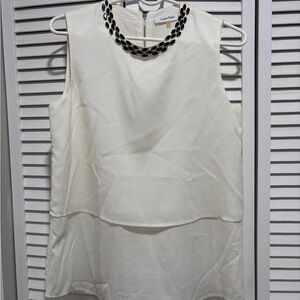 Calvin Klein Ivory Sleeveless Tunic Blouse with Black Jewel Accents - Small